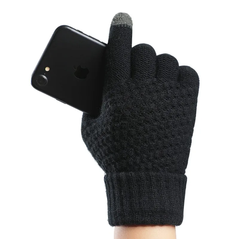 女性男性暖かい冬のタッチスクリーン手袋ストレッチニットミトンウールフルフィンガー Guantes 女性かぎ針編みグローブ