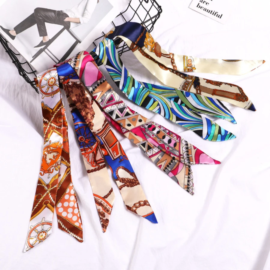New Print Flower Small Scarf for Women Handle Bag Ribbons Brand Fashion Head Scarf Small Long Skinny Scarves Headbands