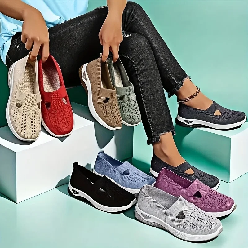 Zapatillas de deporte sin cordones de punto para mujer, zapatos informales de malla transpirable con soporte para arco, lavables a máquina, varios colores, primavera y verano