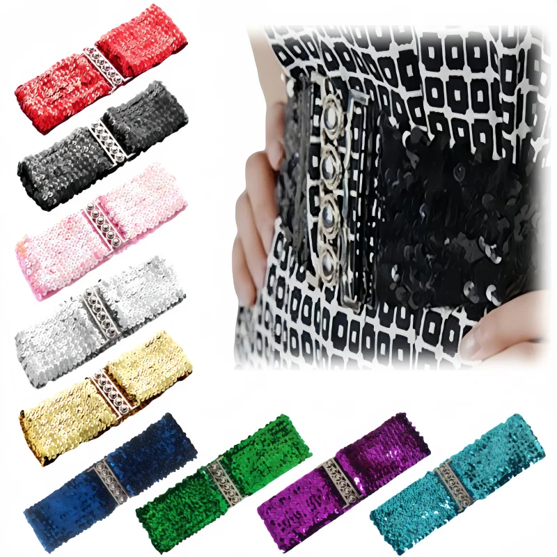 Fashion Cool Punk Ladies Waistband Charms Women Elastic Sequin Belly Waist Belt Casual Stretch Belt Buckle Corset Wide WaistBelt