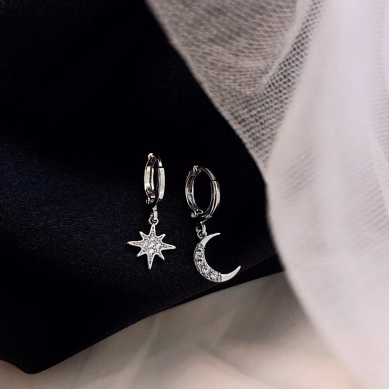 VENTFILLE 925 Sterling Silver CZ Star Moon Asymmetric Hoop Earrings for Women Girls Gold Silver Color Party Jewelry Gifts