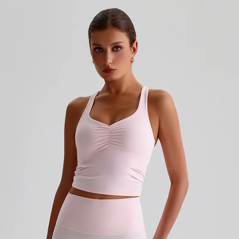 Solid Color Sports Tank Top Women Fitness Bra Tights Cross Back Gym Cloth Underwear Yoga Vest High Impact Shockproof Chest Pad