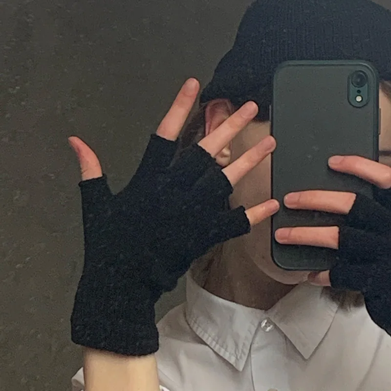 1 ペア黒ショートハーフフィンガーレスニットリストグローブ冬暖かいストレッチ作業手袋女性と男性用サイクリングアクセサリー