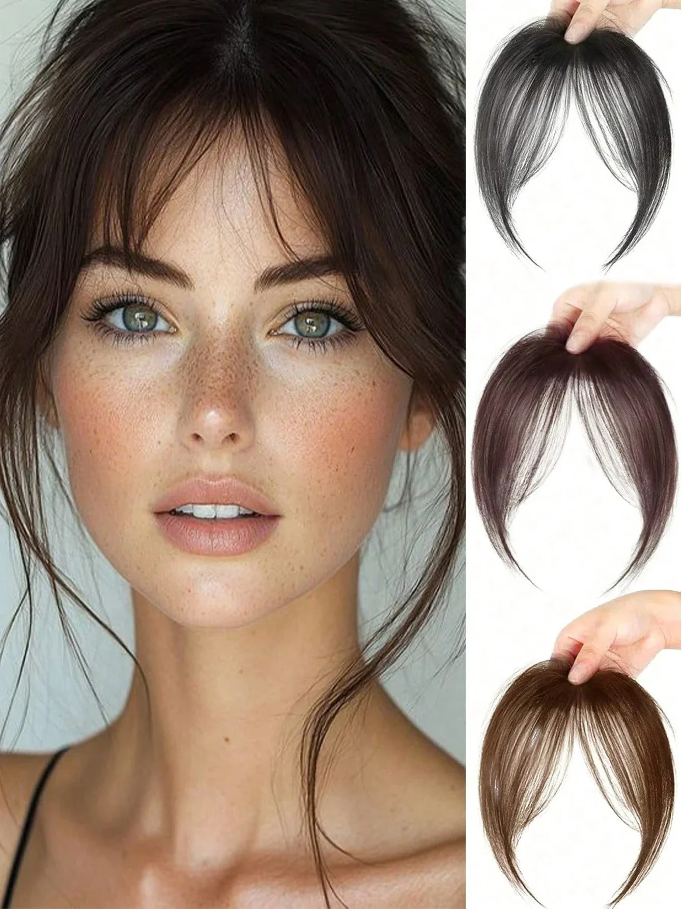 Peluca de síntesis, flequillo de parte media, extensiones de cabello con Clip en la frente, flequillo oblicuo francés Natural sin costuras, flequillo de ocho caracteres