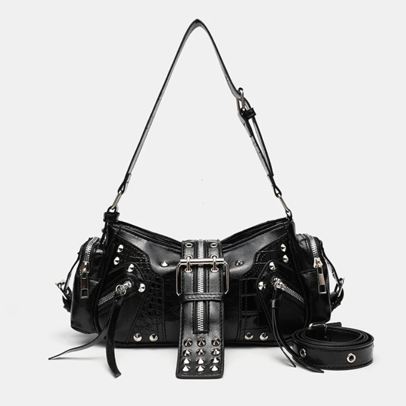 Women's Y2k Punk Vintage Shoulder Purse PU Leather Gothic Rivet Handbag Waist Bag Luxury Black Cross Body Bags with Spikes