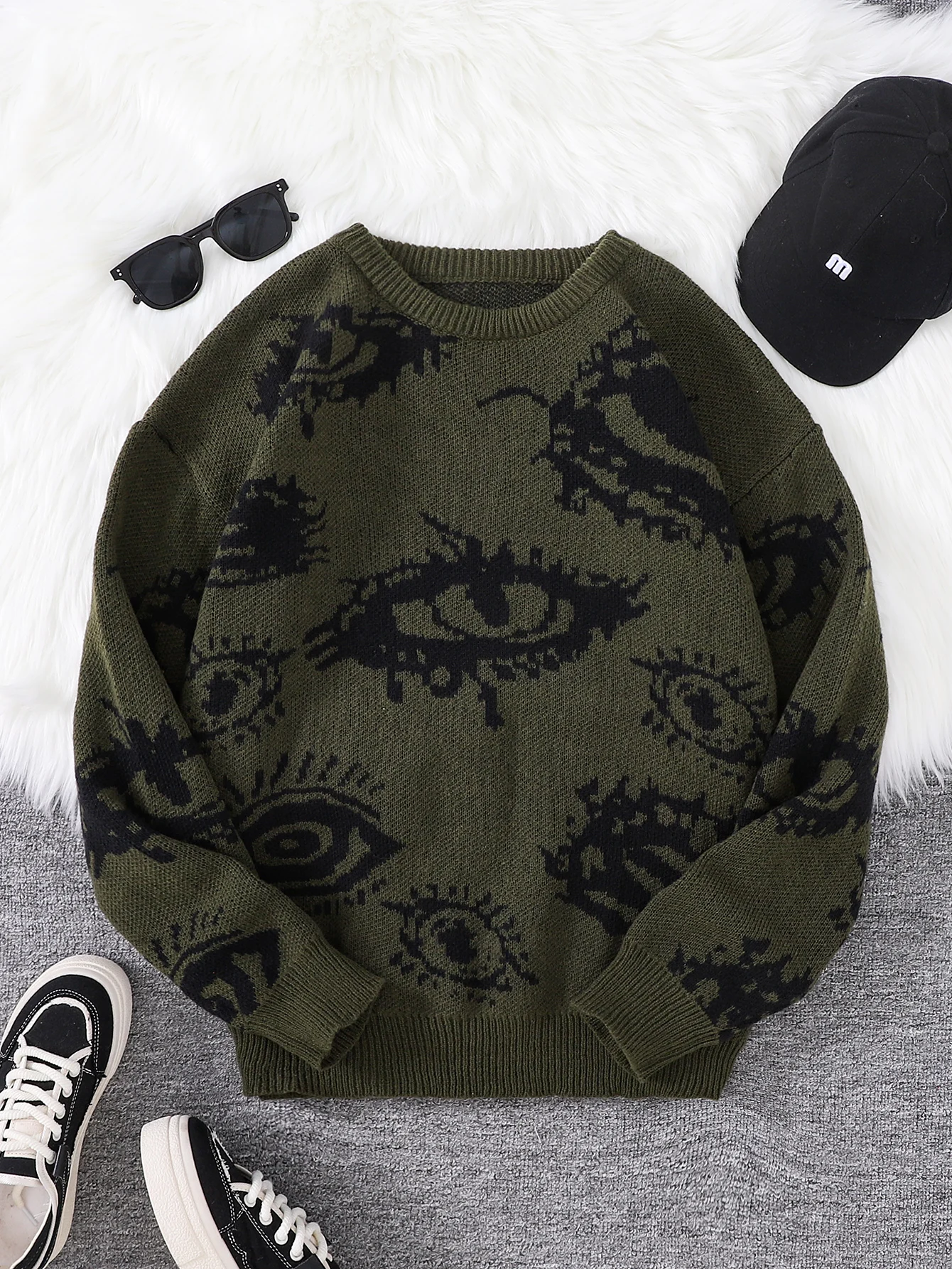 Nuevo Jersey Popular de otoño e invierno con diseño de Jacquard de ojos abstractos, suéter informal de punto con cuello redondo para hombre