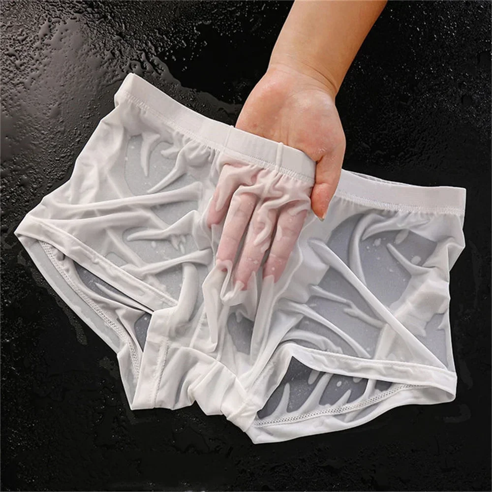 Boxers de seda de hielo ultrafinos, ropa interior para hombre, pantalones cortos sexis semitransparentes sin costuras para hombre, pantalones cortos de talla grande M-XXL