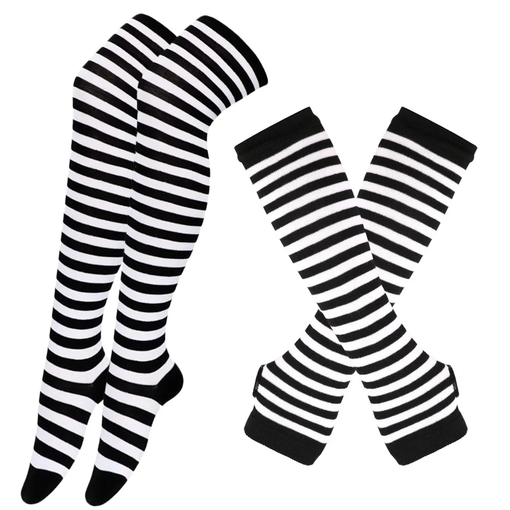 1 set da donna e ragazza sopra il ginocchio, a righe lunghe, stampate, calze alte in cotone, maniche a braccio, guanti gotici Harajuku, calzini dolci e carini