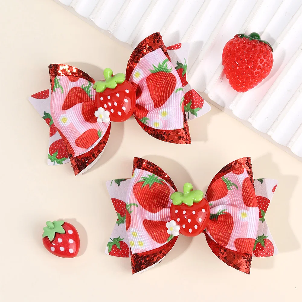 2Pcs Strawberry Bow Hair Clips Cute Faux Glitter Leather Hairpins Sweet Flower Ribbon Barrette For Girls Kids Hair Accessories