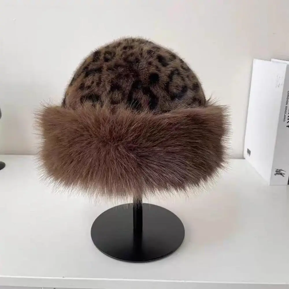 Hot Leopard Print Fur Hat Women Windproof Keep Warm Headgear Fur Fisherman Hat Female Faux Fur Thick Winter Hat Lady Russian Hat