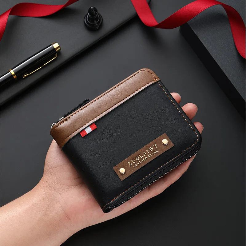 Cartera Corta Retro para Hombre, Multifuncional, con Diseño de Color Combinado, Triple Pliegue, con Bolsillo Pequeño Oculto, Ideal para Uso Diario Informal