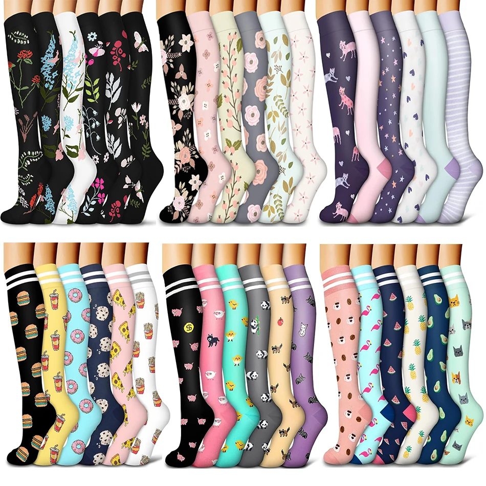6 Pairs of New Floral Pattern Compression Socks, Sports Professional Socks for Men and Women, Swelling and Varicose Veins