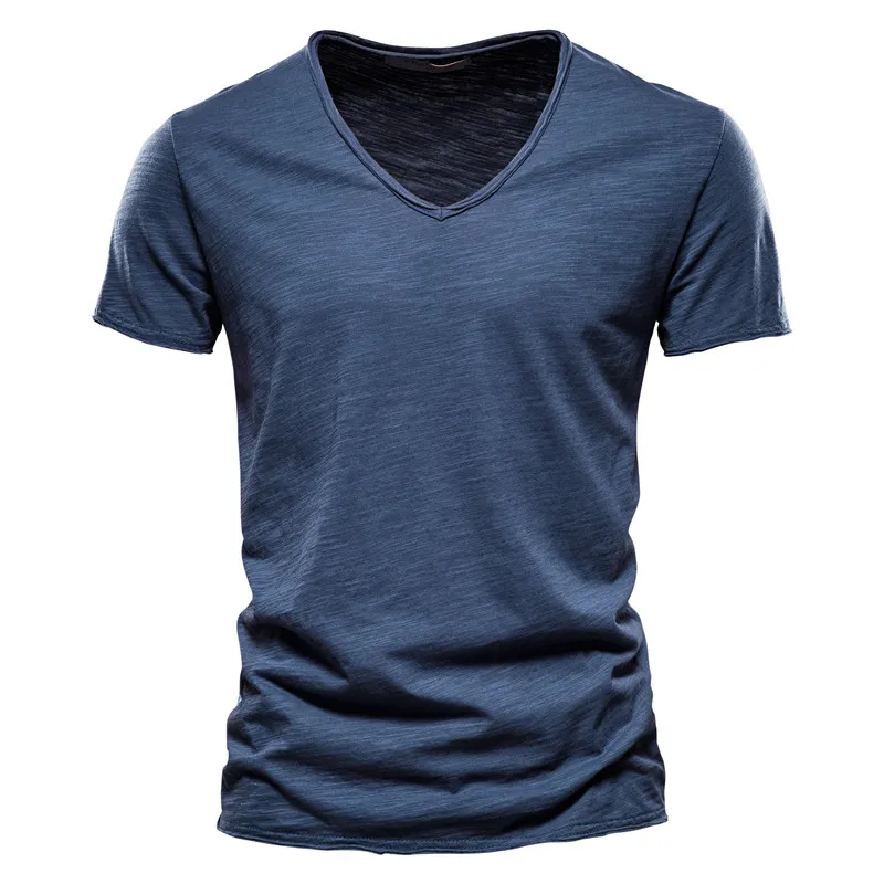 T-shirt da uomo in cotone 100% di qualità del marchio con scollo a V Fashion Design Slim Fit Soild T-shirt da uomo Top Tees T-shirt a maniche corte per uomo