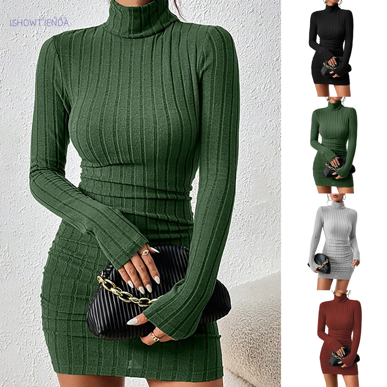 Vestido de bajo de punto para mujer, elegante vestido de fiesta de otoño e invierno con cuello alto y mangas largas, minivestido Sexy ajustado para discoteca