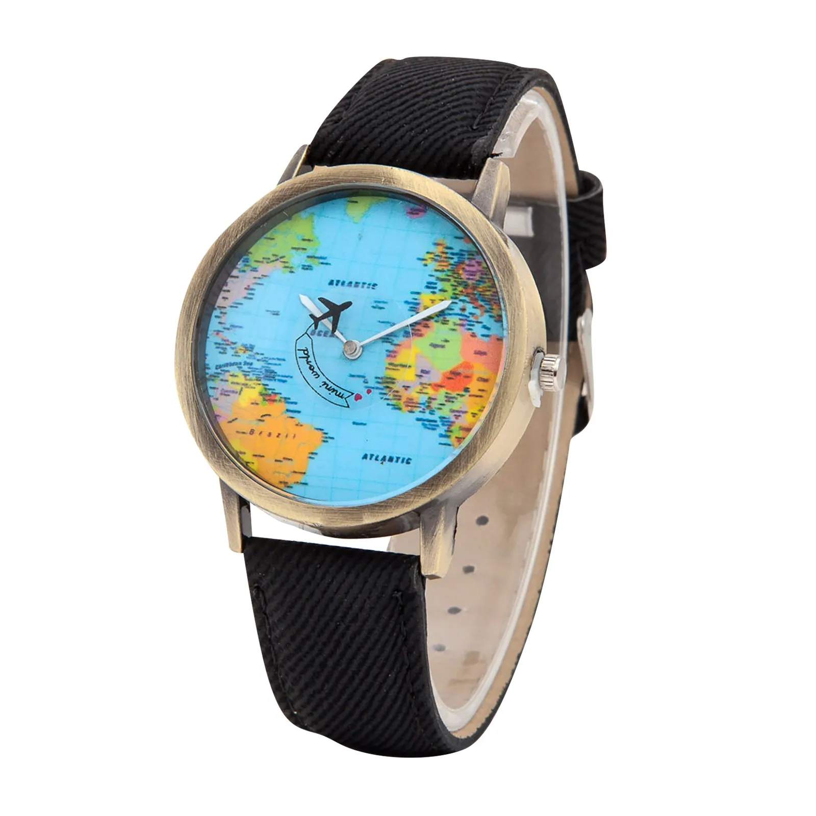 Mode mondiale carte du monde avion Denim tissu bande montre décontracté hommes femmes montres à Quartz montre cadeau Horloges Relógio