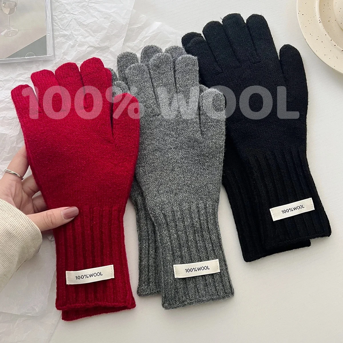 Guantes 100% de lana para mujer con pantalla táctil y agujero para el dedo para invierno y otoño, guantes cálidos hasta la muñeca, guantes tejidos clásicos, manopla femenina 2025