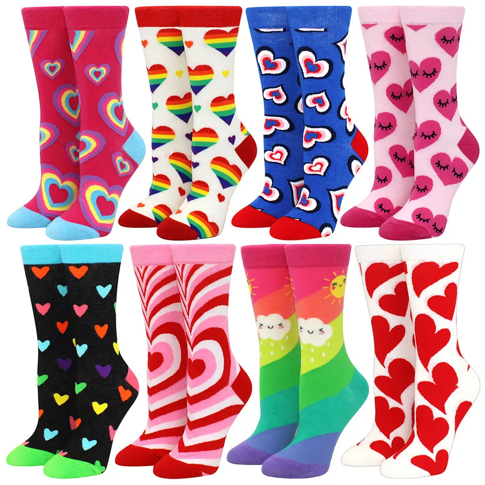 new women socks 1 pair cotton Love rainbow color striped printed novelty fashion lady spring Medium tube socks