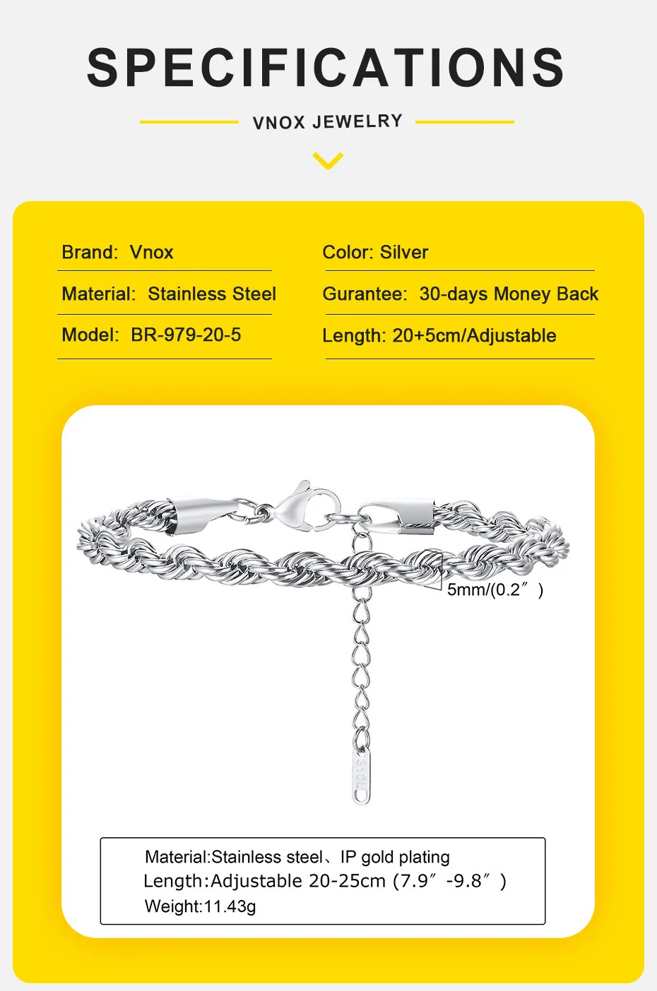Vnox Unisex Rope Chain Bracelets for Men Women, Stainless Steel Twisted Links Chain Bracelet,Simple Classic Jewelry Gift for Him