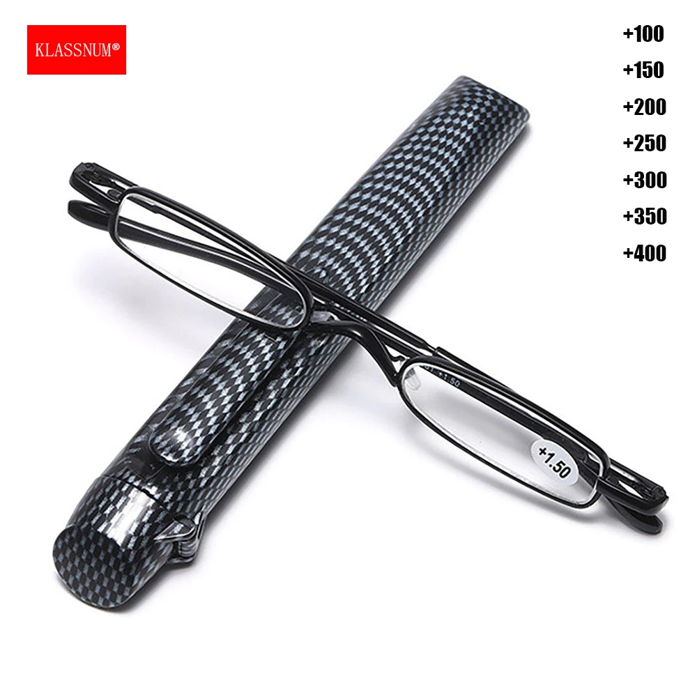 KLASSNUM-gafas de lectura con aumento portátil para hombre y mujer, montura metálica estrecha con estuche de bolígrafo, gafas ultrafinas para presbicia + 1,0