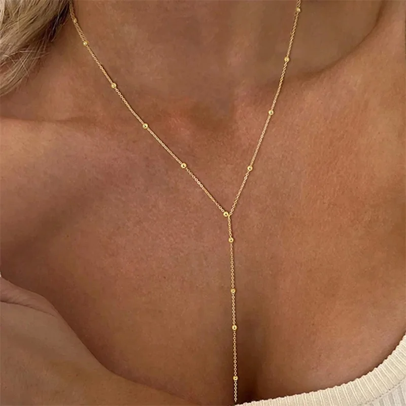 Collares Largos con Cadena Dorada Vintage para Mujer, Gargantilla Simple de Metal con Cuentas Geométricas y Borlas, Joyería Estética para Fiestas