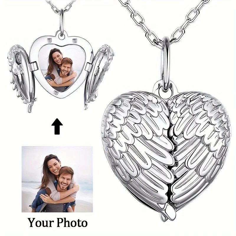 Collar con colgante de caja pequeña con imagen personalizada/foto, colgante de caja pequeña con ala de ángel personalizada, collar para hombre y mujer, regalo de Navidad