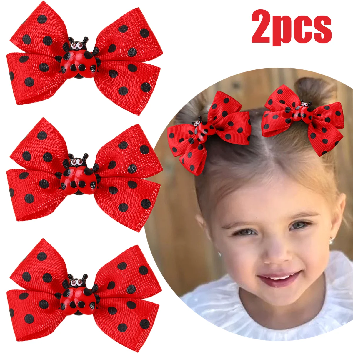 2Pcs Cute Ladybird Bow Hair Clips For Little Girls Dots Print Kids’ Hair Decoration Hairpin Accessories Headwear