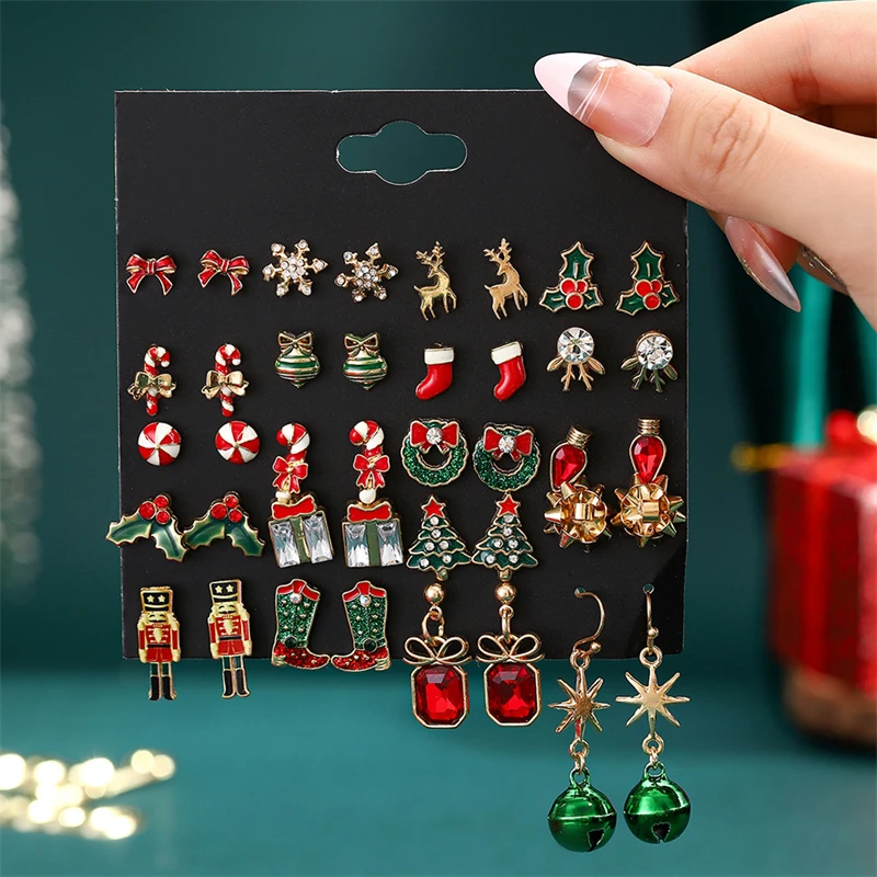 Juego de pendientes navideños para mujer, 12/20 pares, cristal brillante, circonita, copo de nieve, alce, lazo, árbol de Navidad, regalos de Año Nuevo