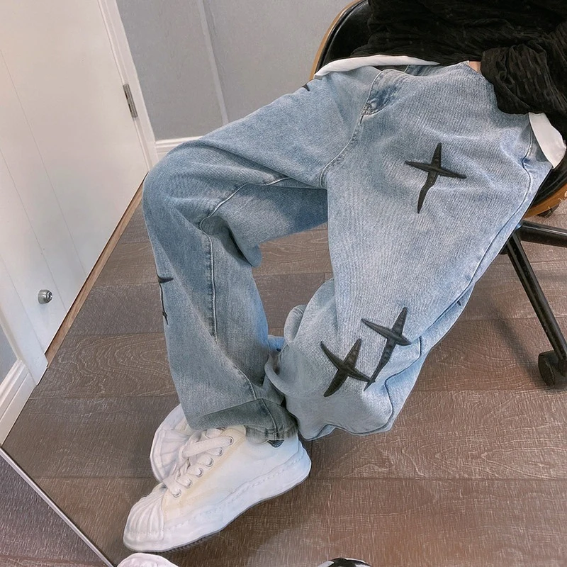 Pantalones vaqueros estampados para hombre, ropa nueva, pantalones vaqueros holgados de pierna ancha, moda coreana, drapeados, rectos, informales, sueltos, Cargo, 2023