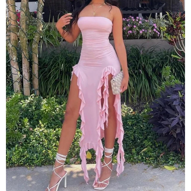 Minivestido Sexy sin tirantes con dobladillo Floral para mujer, minivestido con abertura larga, liso, sin espalda, sin mangas, negro y rosa, 2024