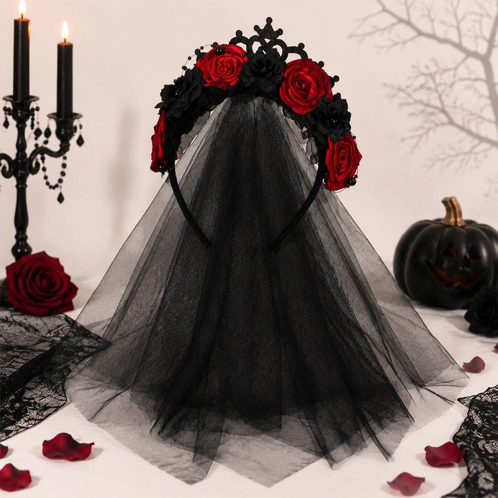 Halloween Gothic Crown Headband Black Veil Bridal Headpiece for Women Dark Bride Roses Costume Hair Accessories Party