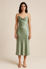 Amelie Cowl-Neck Satin Midi Dress in Sage