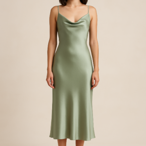 Amelie Cowl-Neck Satin Midi Dress in Sage