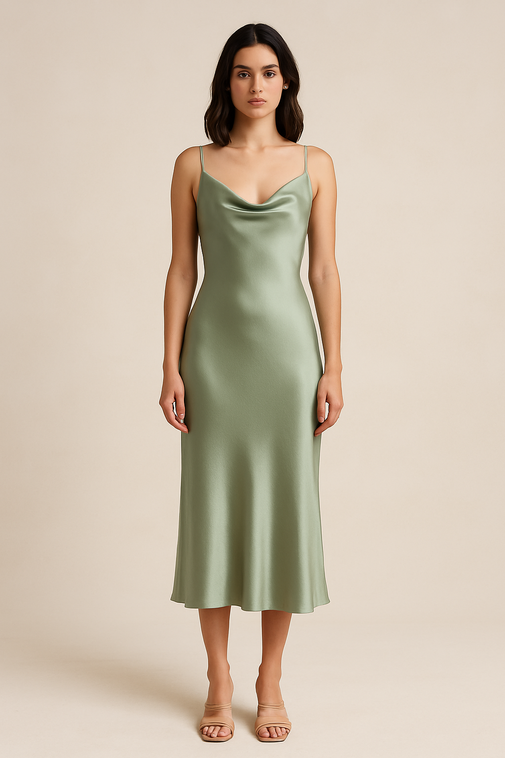 Amelie Cowl-Neck Satin Midi Dress in Sage