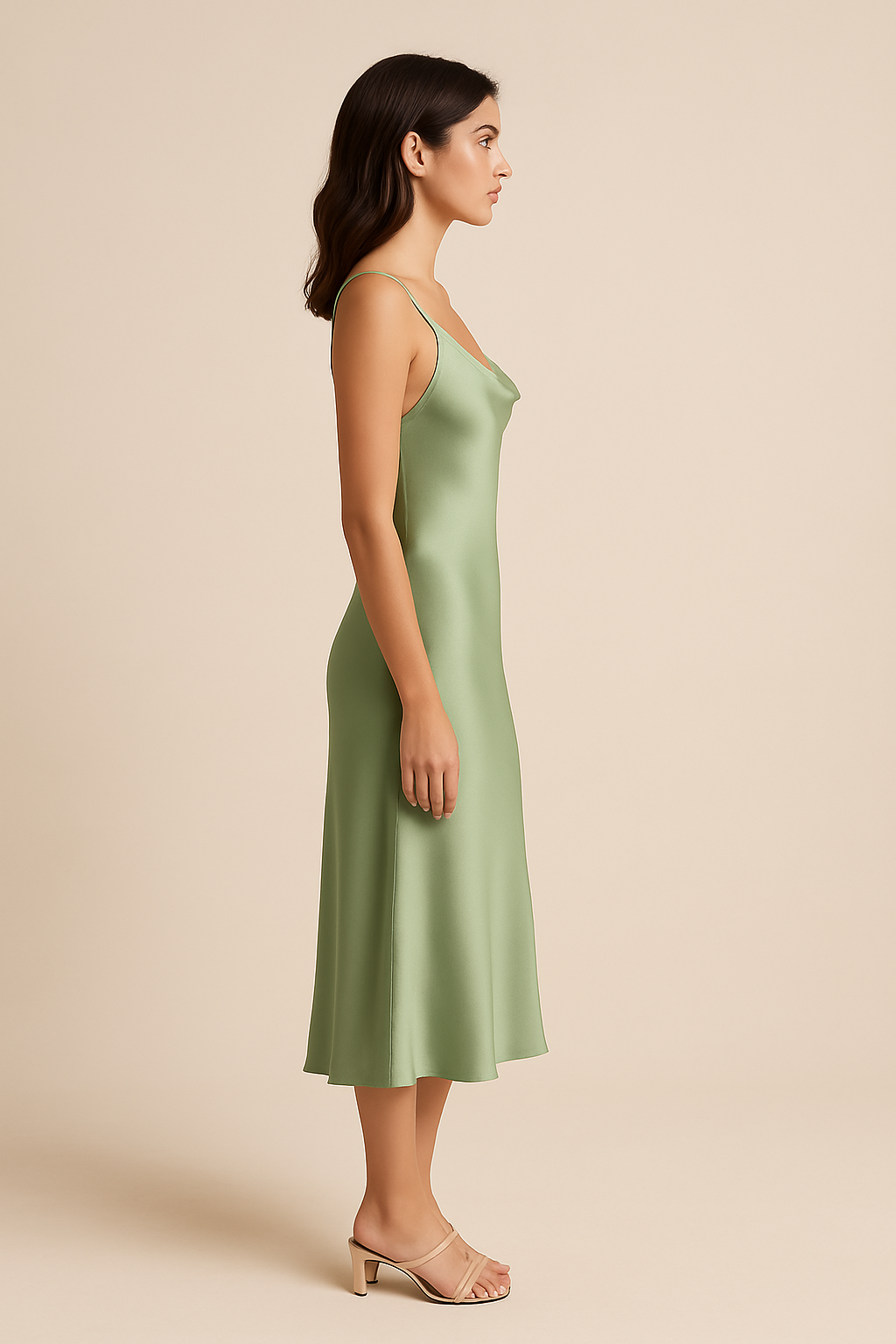 Amelie Cowl-Neck Satin Midi Dress in Sage - Image 3