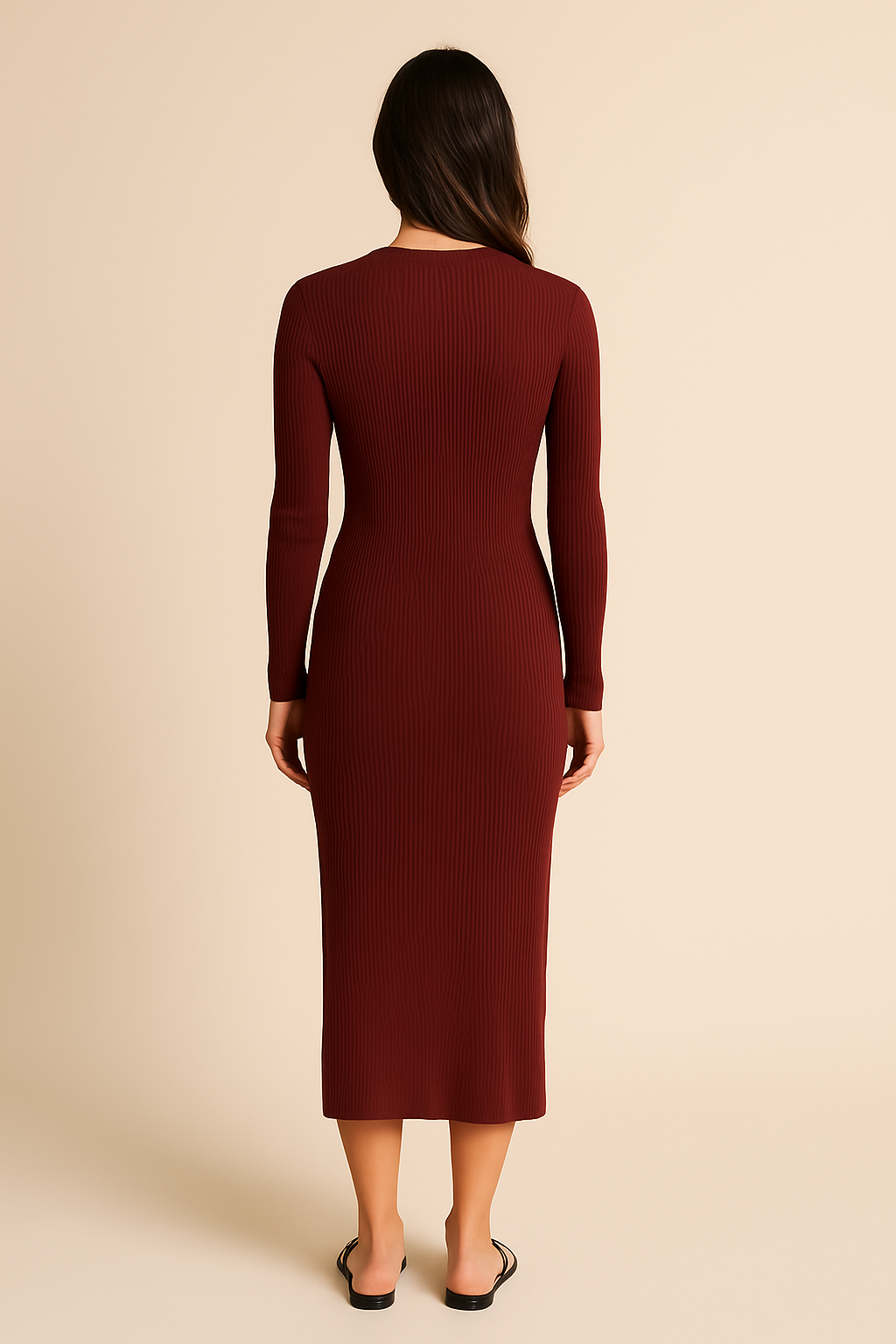 Delphine Ribbed Knit Midi Dress in Burgundy - Image 2