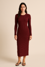 Delphine Ribbed Knit Midi Dress in Burgundy