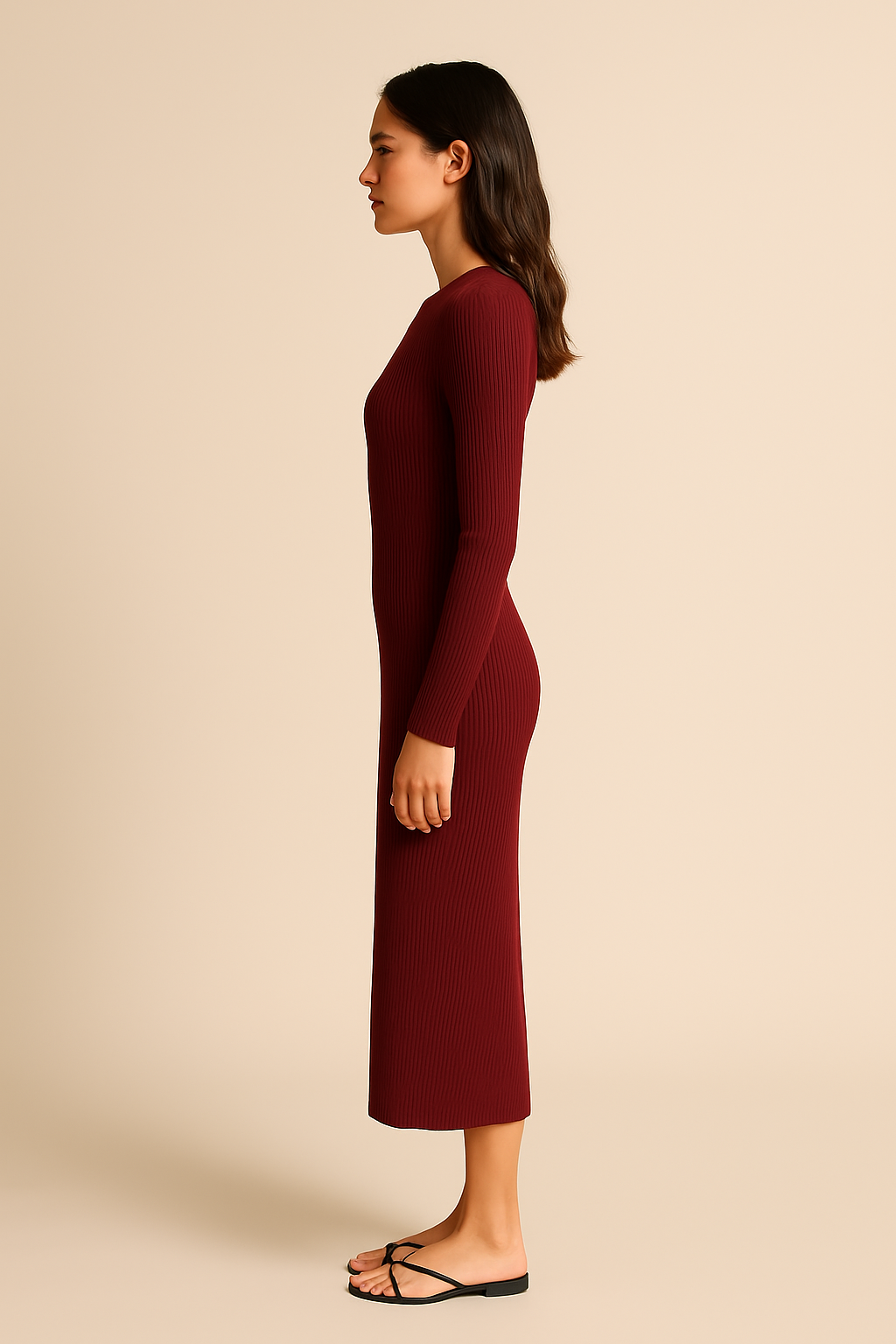 Delphine Ribbed Knit Midi Dress in Burgundy - Image 3