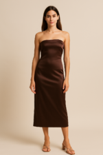 Elise Strapless Column Midi Dress in Chocolate