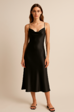 Harlow Bias-Cut Satin Midi Dress in Black