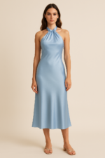 Juno Halter Satin Midi Dress in Powder Blue