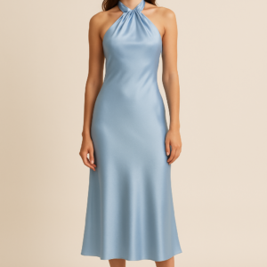 Juno Halter Satin Midi Dress in Powder Blue