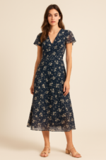 Nova Floral Chiffon Midi Dress in Navy