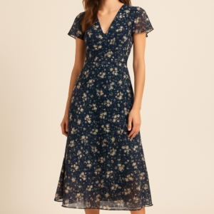 Nova Floral Chiffon Midi Dress in Navy