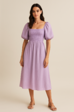 Wren Puff-Sleeve Midi Dress in Lilac