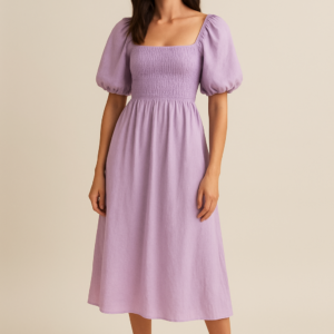 Wren Puff-Sleeve Midi Dress in Lilac