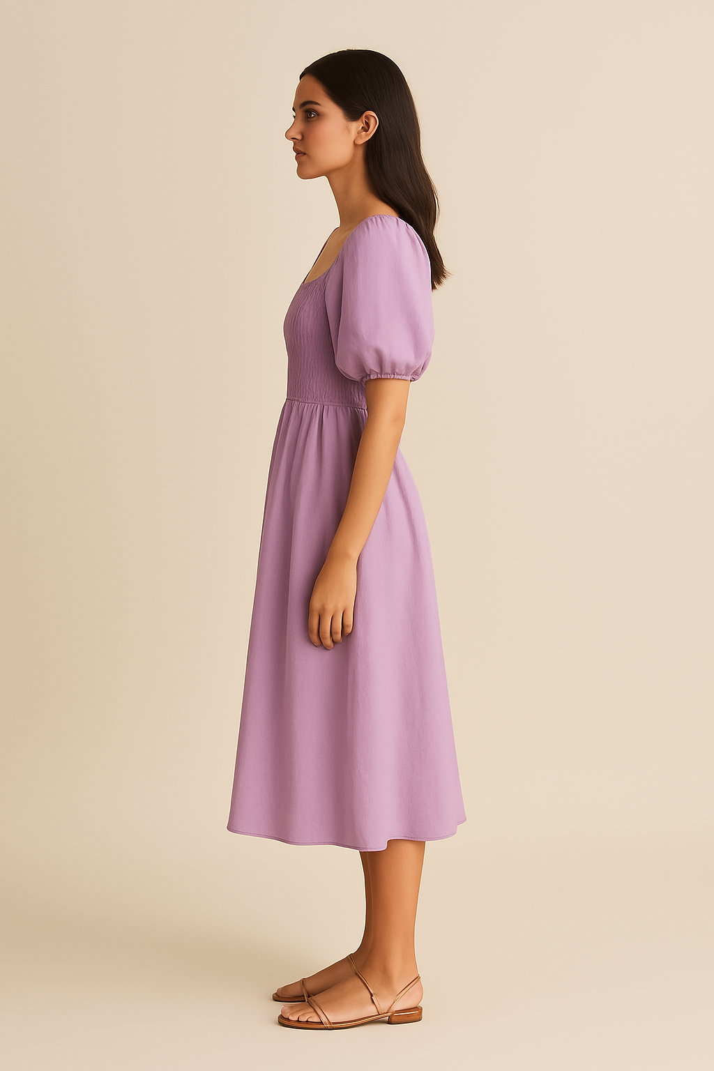 Wren Puff-Sleeve Midi Dress in Lilac - Image 3